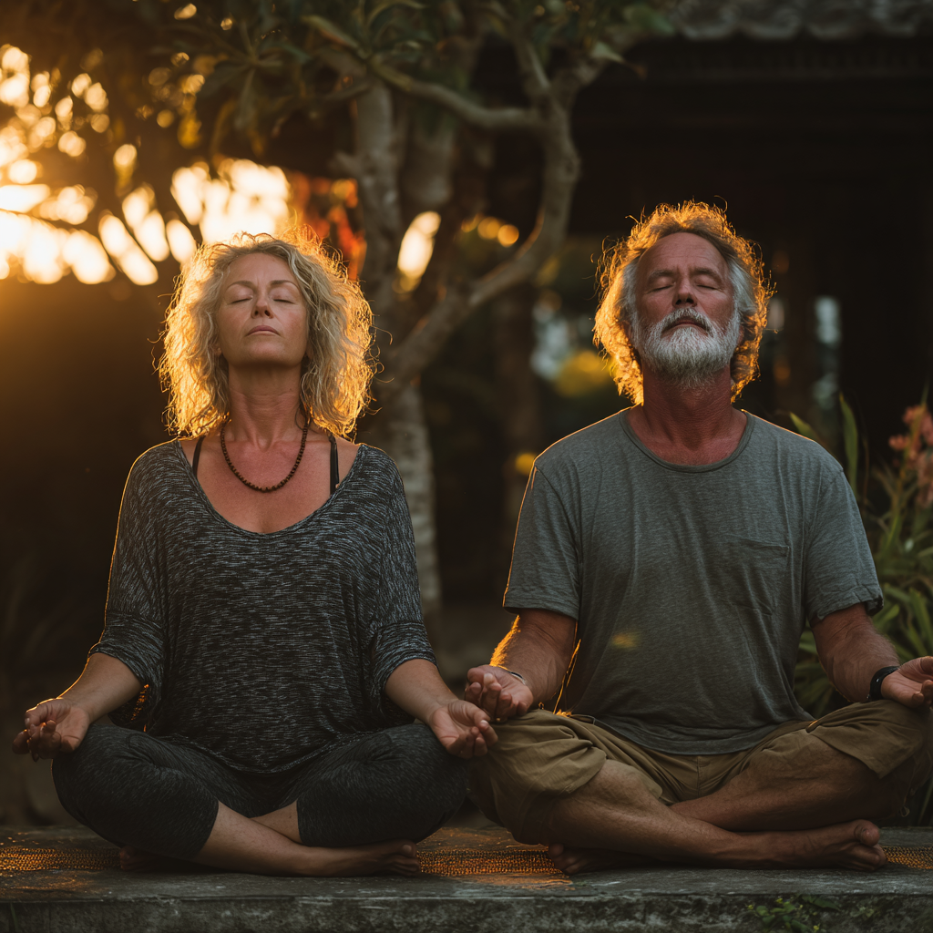 Mature man and woman practicing yoga together in peaceful outdoor garden setting during golden hour