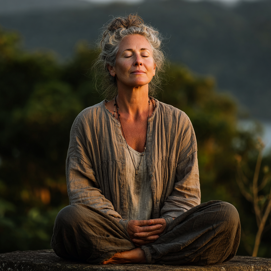 Peaceful middle-aged woman sitting in meditation pose with eyes closed in serene natural environment